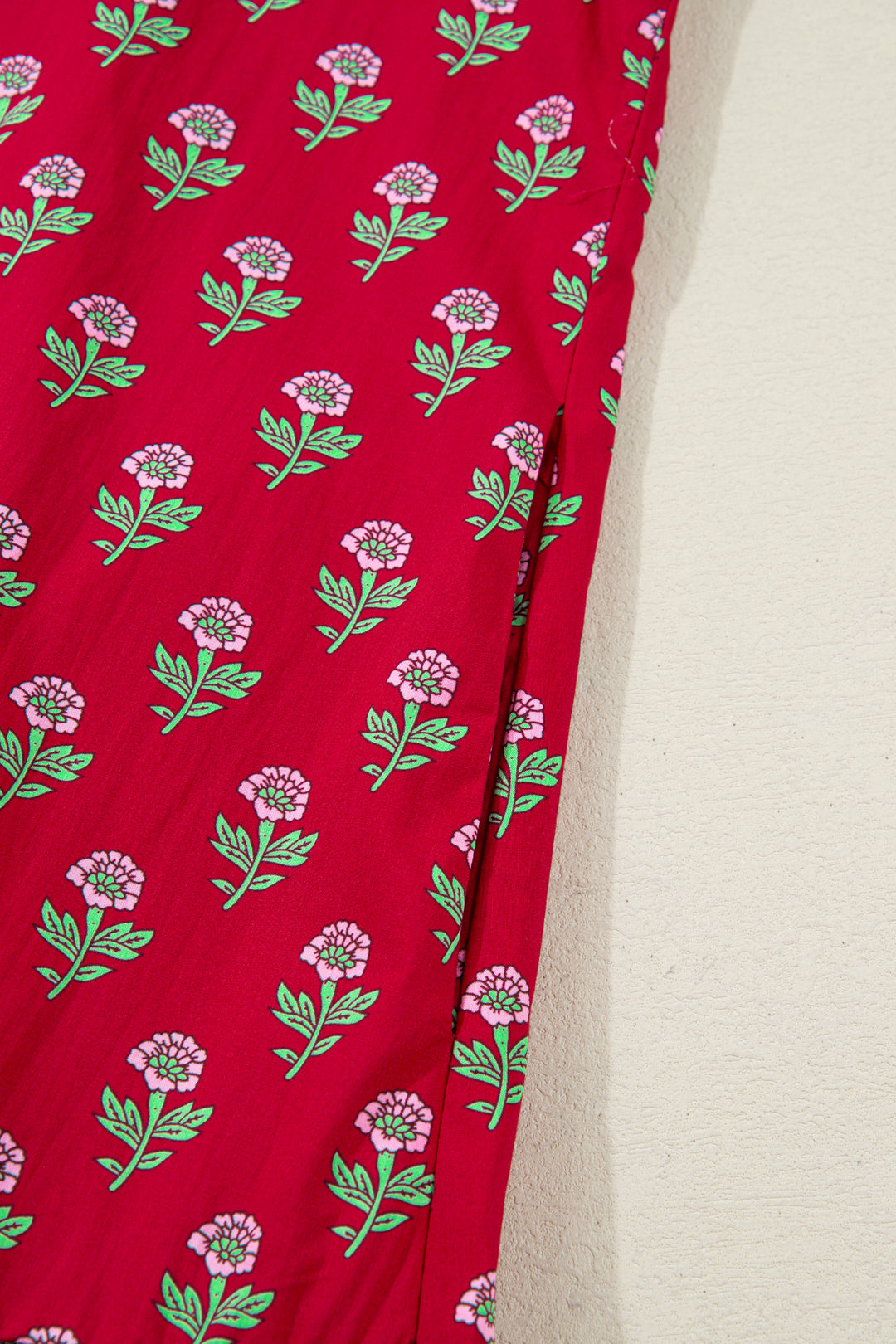 Red Floral Print Contrasted V Neck Short Bubble Sleeve Mini Dress