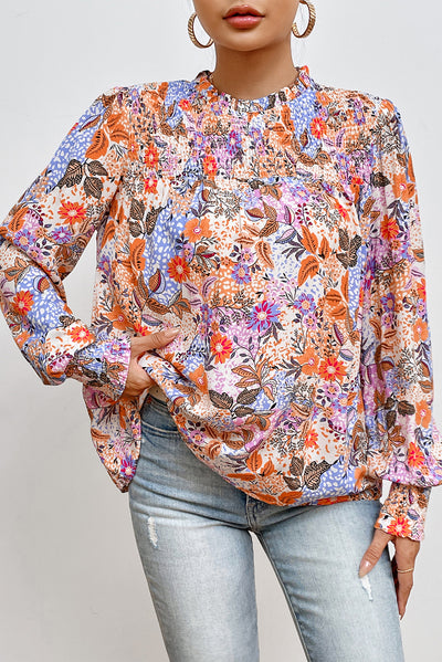 Multicolour Floral Bishop Sleeve Frilled Round Neck Blouse