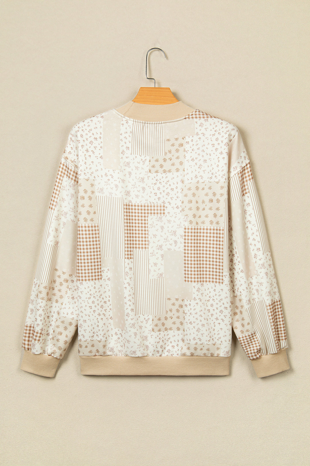 Sky Blue Patchwork Floral Print Mock Neck Long Sleeve Sweatshirt