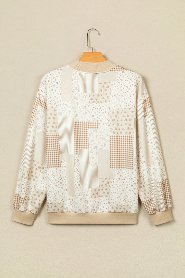 Sky Blue Patchwork Floral Print Mock Neck Long Sleeve Sweatshirt