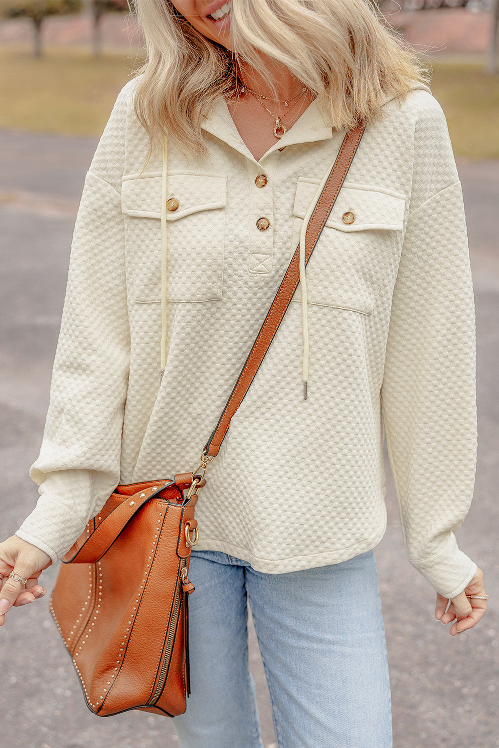 Apricot Textured Buttoned Neckline Side Pockets Hoodie