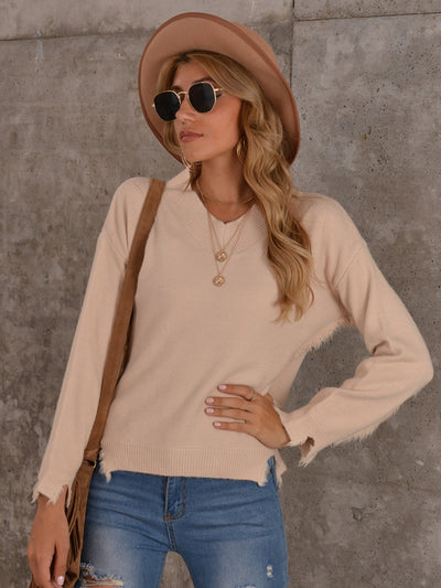 Shiny Raw Hem V-Neck Long Sleeve Knit Top