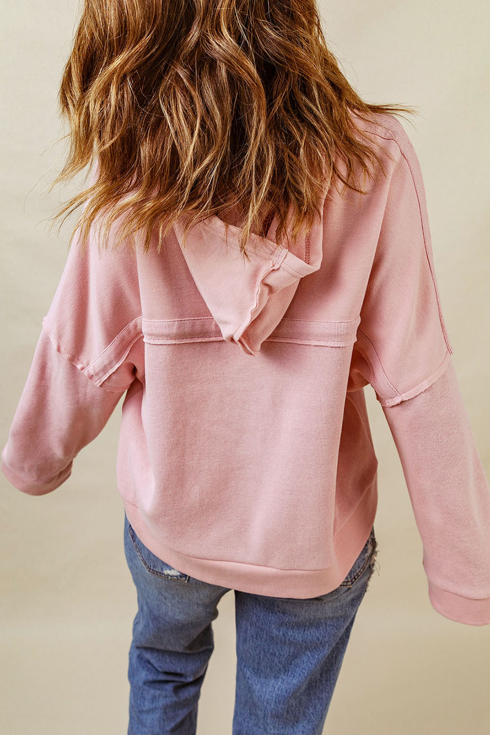 Pink Casual Button Solid Patchwork Trim Hoodie