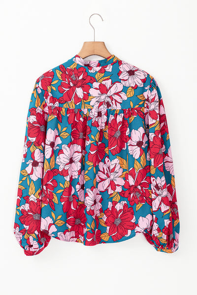 Red Floral Printed Balloon Sleeve Half Buttons Blouse