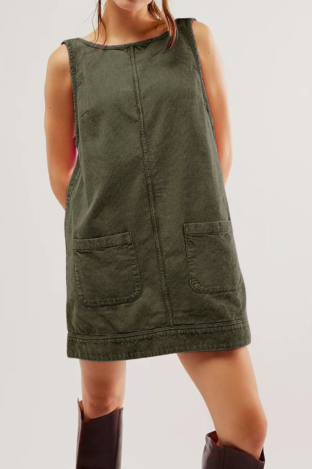 Round Neck Wide Strap Corduroy Mini Dress