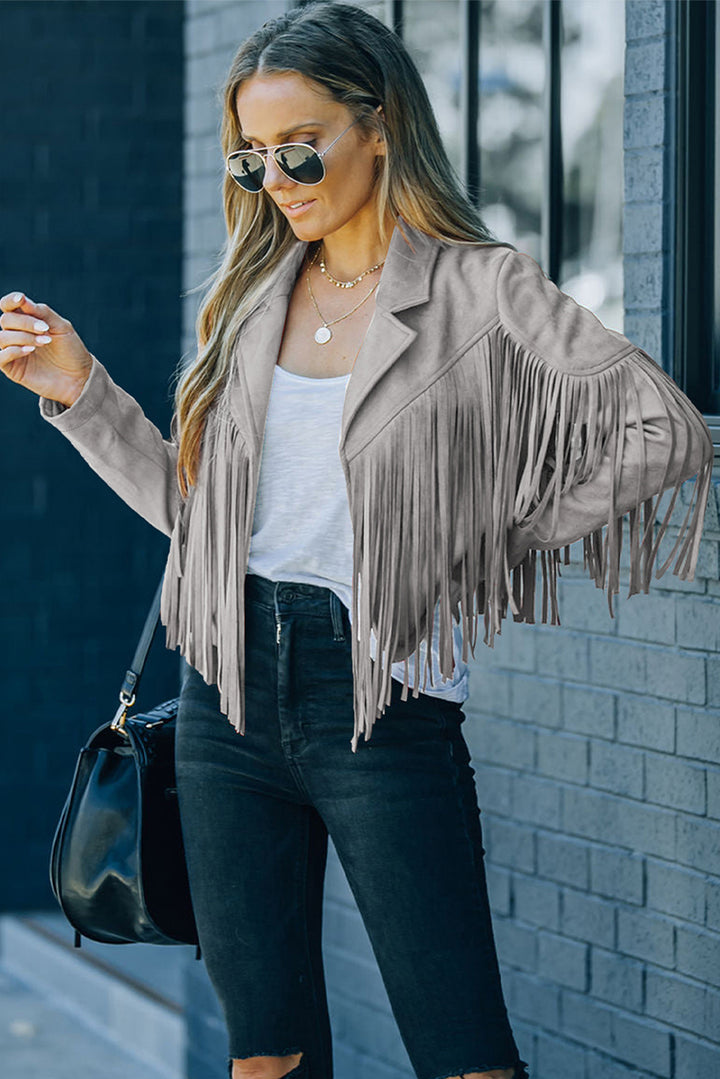 Gray Cropped Fringe Faux Suede Jacket