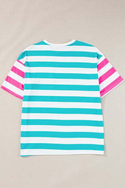 Blue Stripe Contrast Patch Pocket Drop Sleeve T Shirt