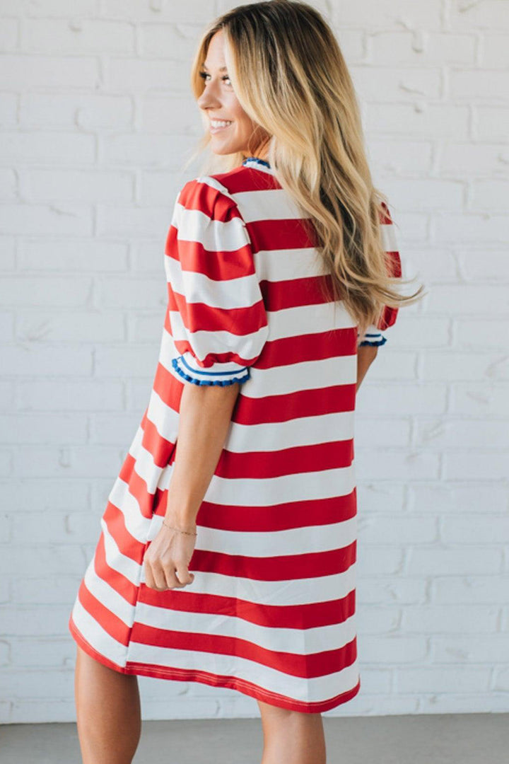 Blue Stripe Contrast Trim Round Neck Short Puff Sleeve Shift Mini Dress
