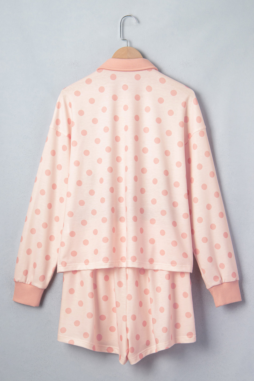 Pink Polka Dot Drop Shoulder Polo Loose Pullover Patch Pocket Casual Shorts Set