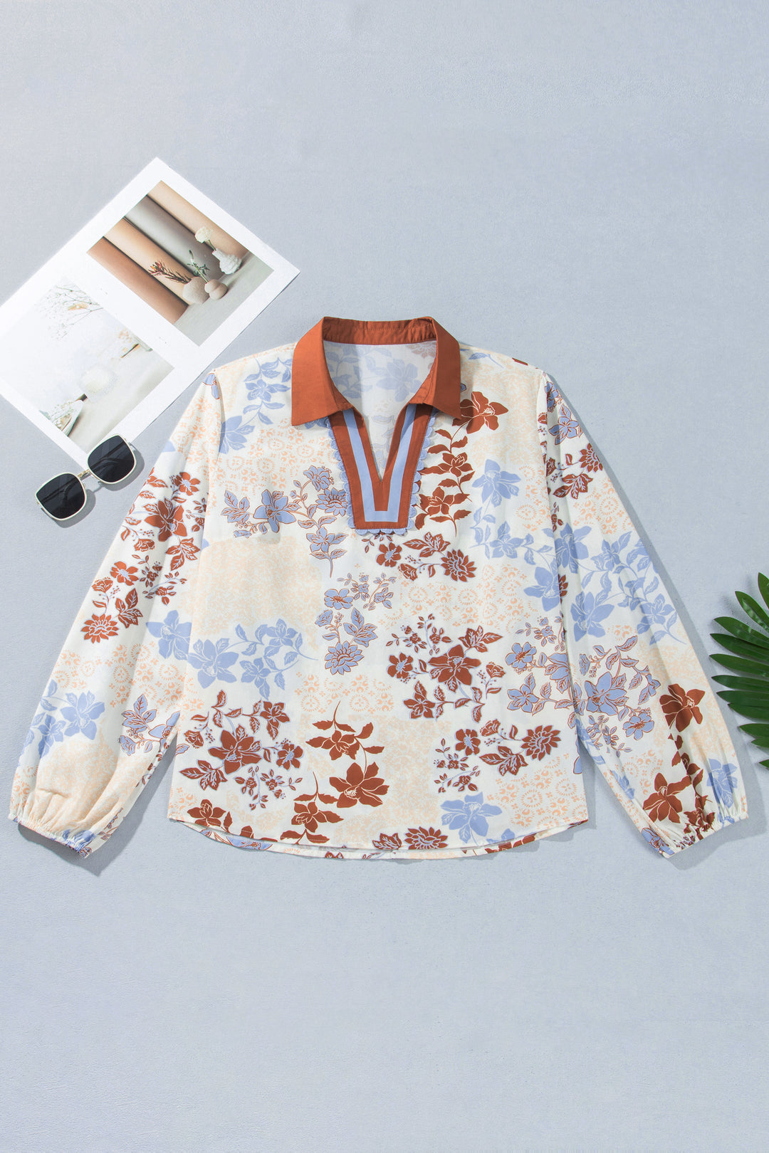 White Plus Size Floral Print Contrast Collar V Neck Long Sleeve Blouse