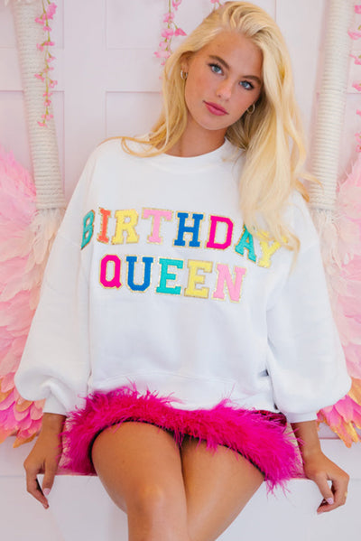 White BIRTHDAY QUEEN Graphic Balloon Sleeve Sweatshirt