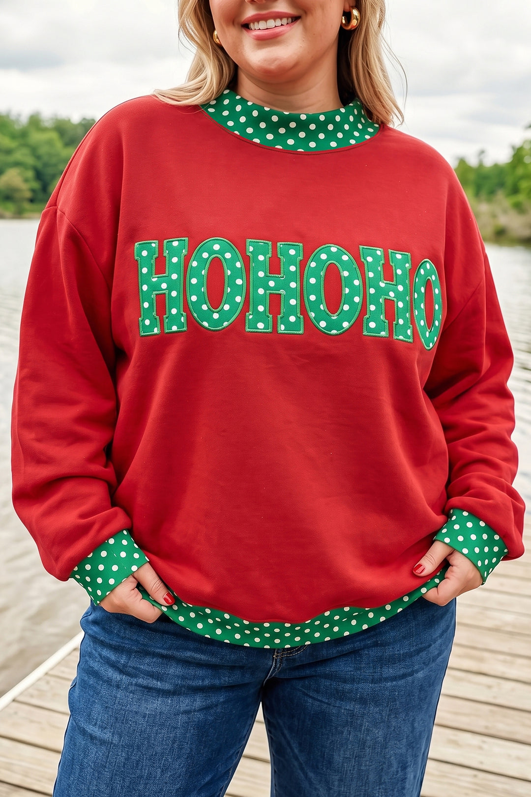 Tomato Red Casual Polka Dot Patchwork Letter Graphic Plus Size Sweatshirt