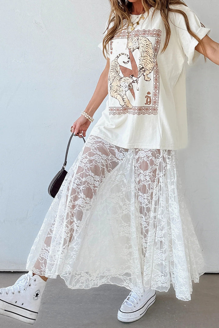 White Sheer Floral Lace Flowy Maxi Skirt