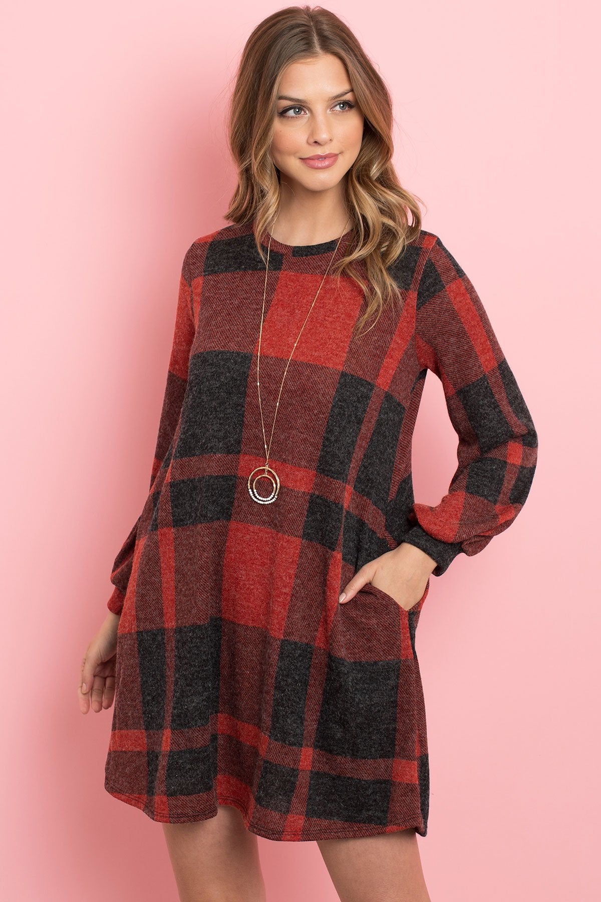 Round Neck Puff Sleeved Plaid Knee Length Dress