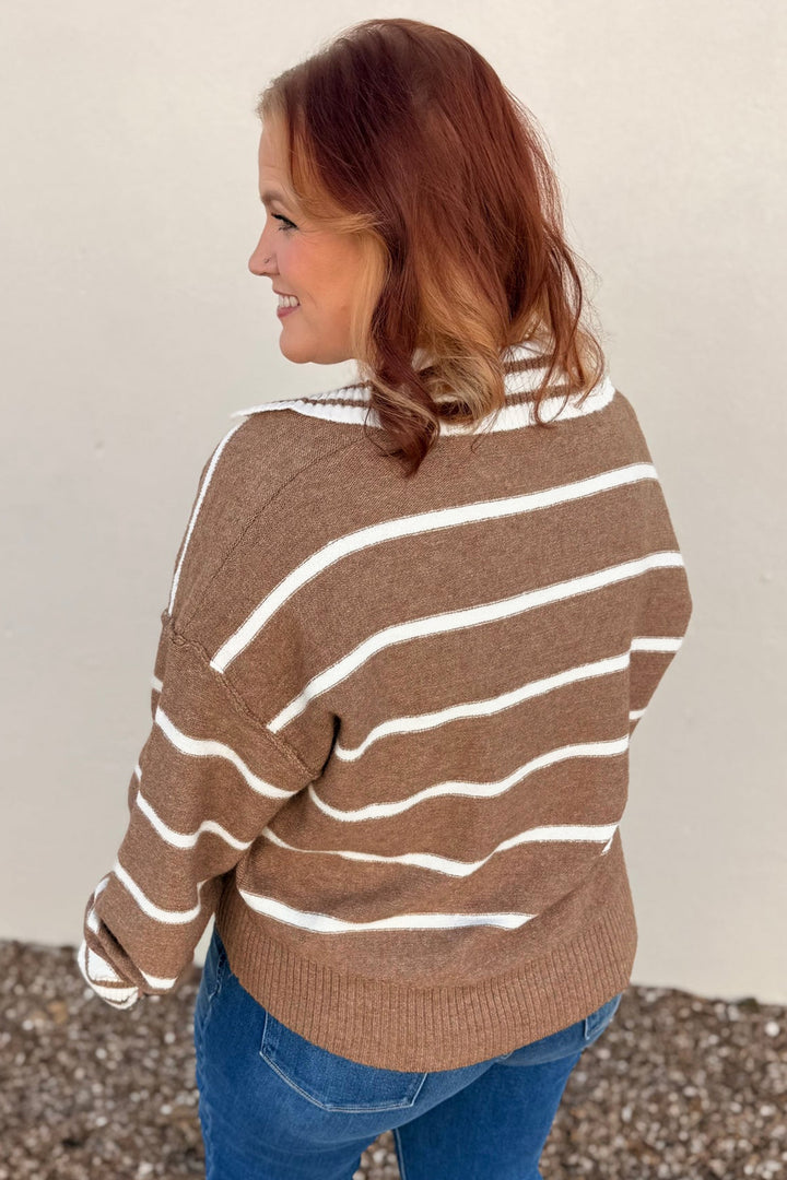 Brown Stripe Striped V Neck Long Sleeve Shift Plus Size Sweater