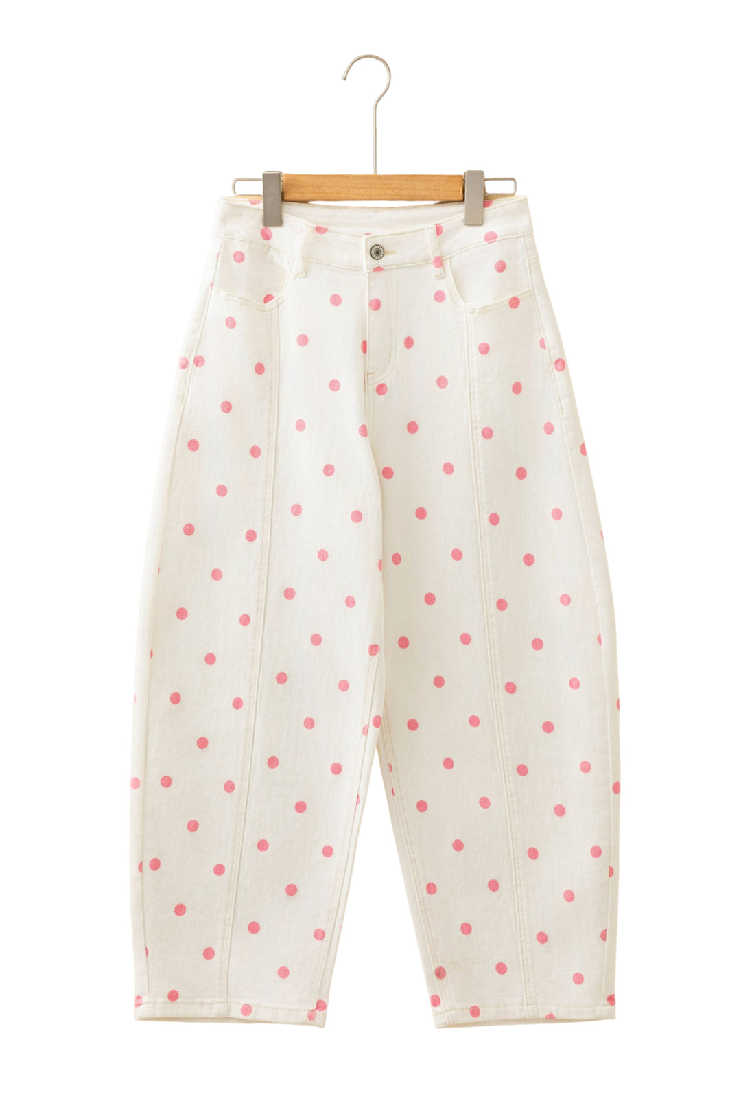 Pink Polka Dot Print Seam Detail Barrel Jeans