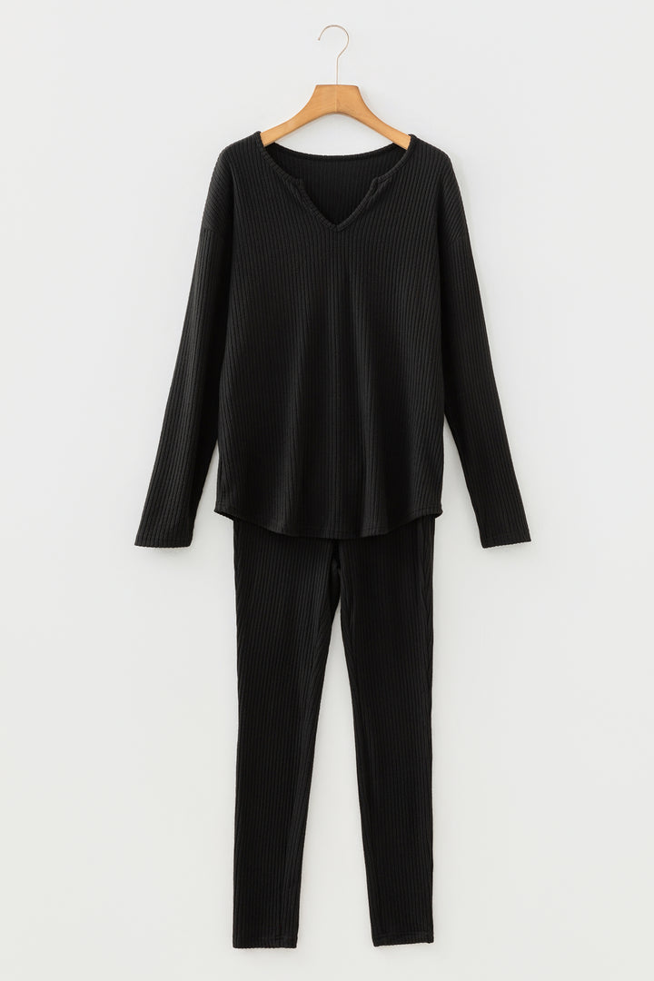 Black Ribbed Notched Neck Knit Long Sleeve Leggings Two Pieces Lounge Set