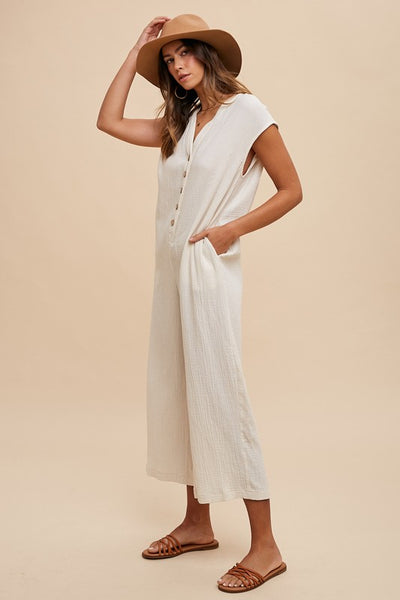 Annie Wear Button Detail Wide Leg Jumpsuit with Pockets