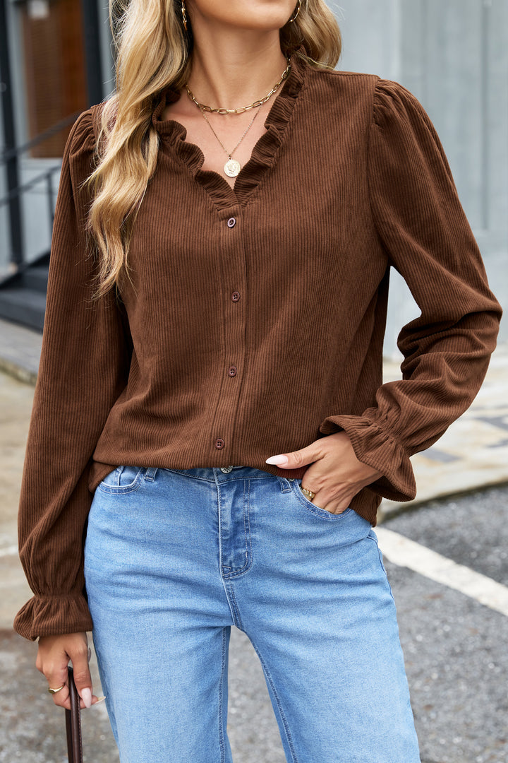 Coffee Solid Color Ruffle Trim V Neck Long Sleeve Button Corduroy Shakcet
