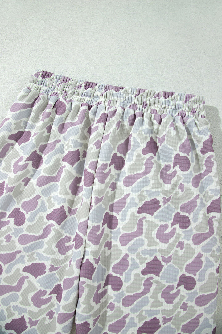 Green Camo Print Drawstring Waist Loose Fit Full Length Pants