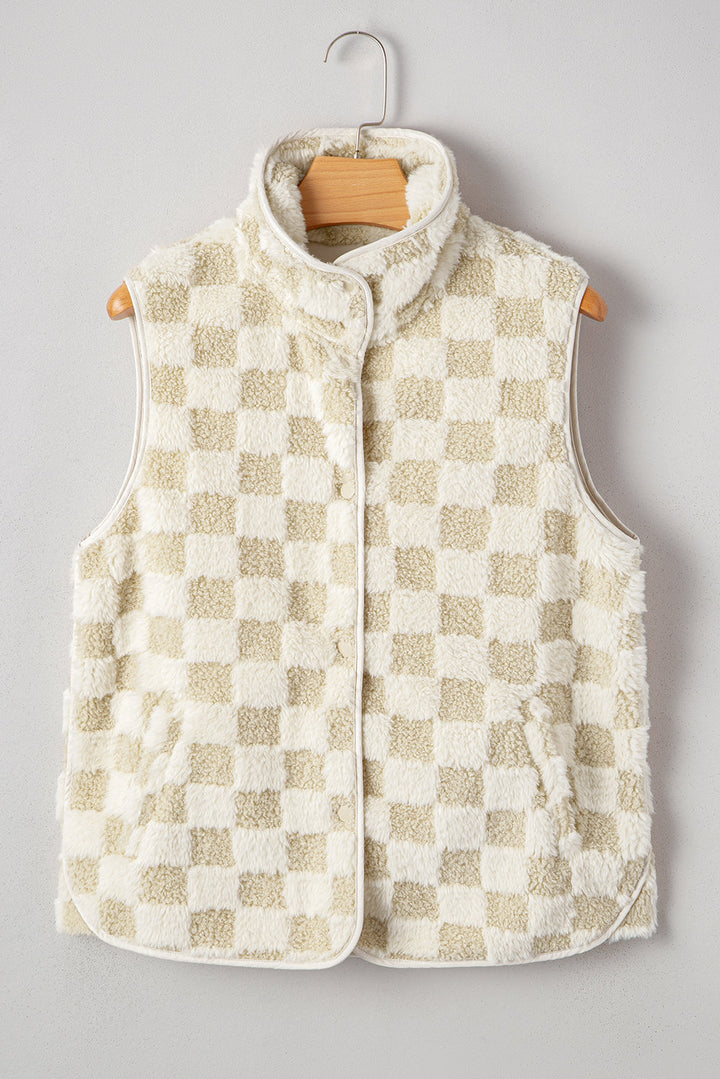 Stevie Sherpa Checkerboard Button Vest With Pocket