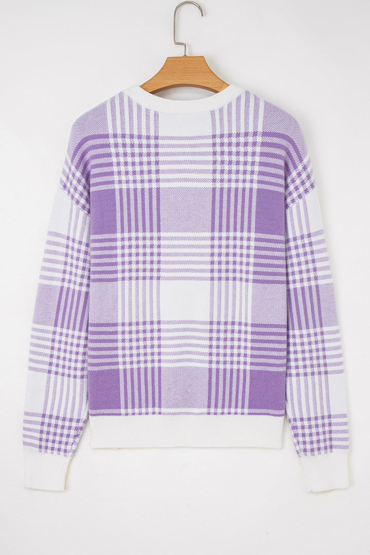Lilac Plaid Print Ribbed Trim Loose Sweater