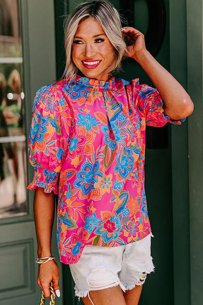 Rose Frilly Mock Neck Short Puff Sleeve Floral Blouse