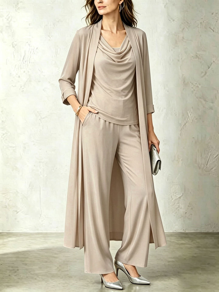 Long Sleeve Swing Collar Cardigan &amp; Wide-Leg Pants Three-Piece Set