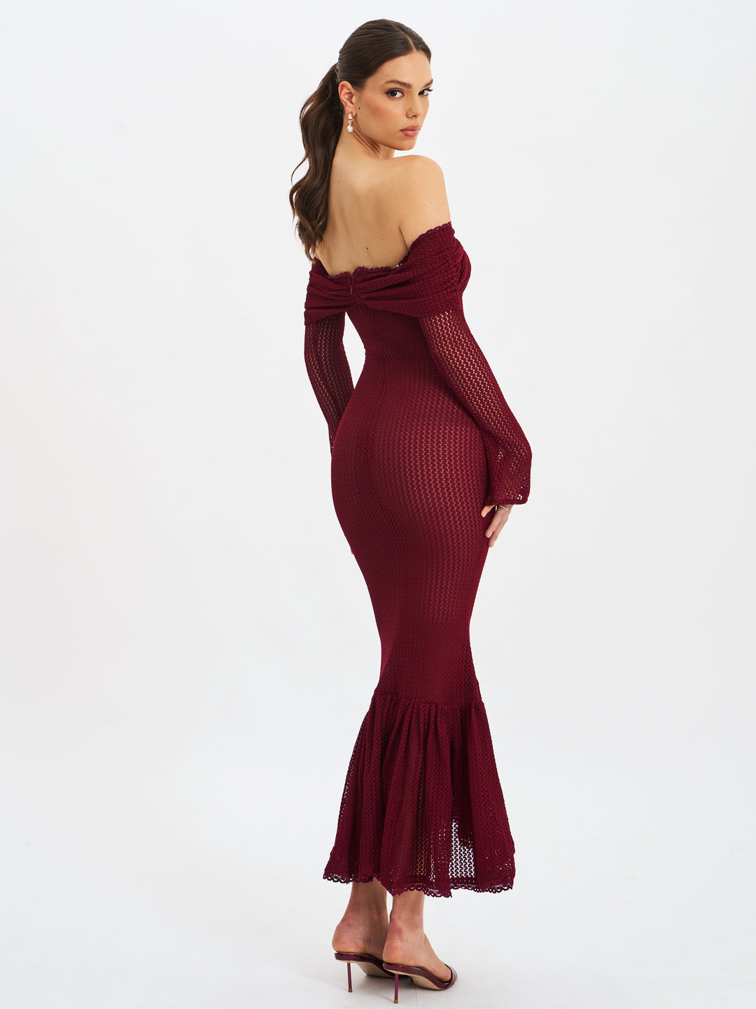 Kaedyn Burgundy Off Shoulder Long Sleeve Crochet Mermaid Maxi Dress