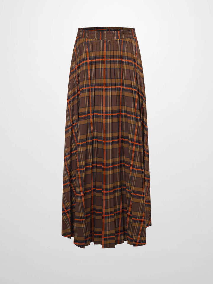 Covered Band Pleated Skirt-Brown/Orange Plaid