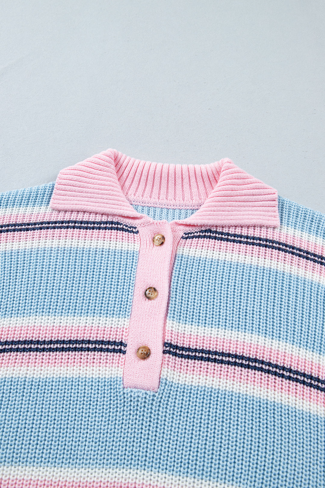 Sky Blue Stripe Striped Button Collar Long Sleeve Shift Fit Winter Knitwear Sweater