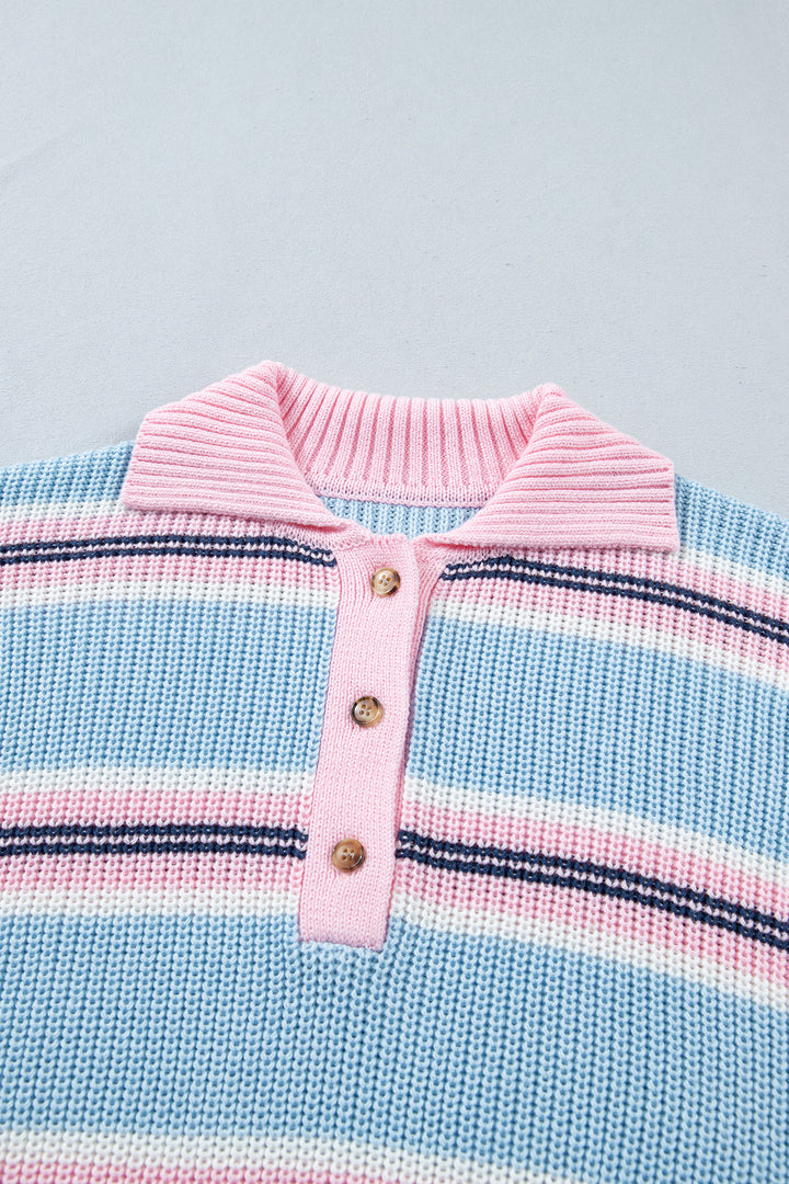 Sky Blue Stripe Striped Button Collar Long Sleeve Shift Fit Winter Knitwear Sweater