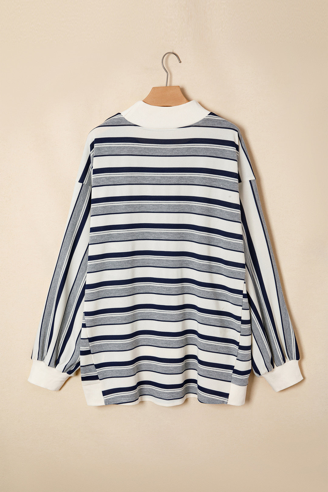 Blue Stripe Striped Ribbed Stand Neck Long Sleeve Shift Silhouette Sweatshirt