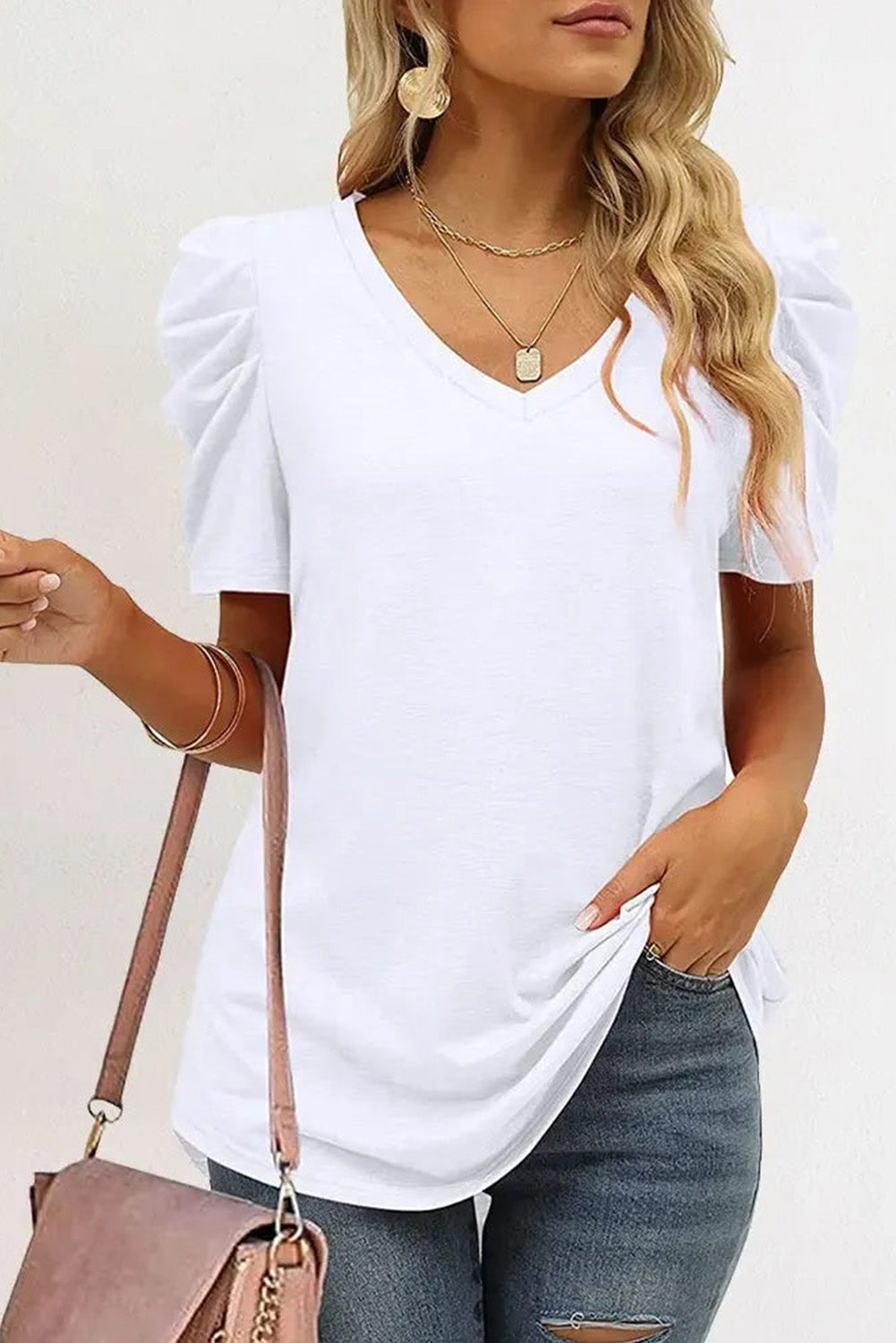 White Puff Sleeve V-Neck T-Shirt