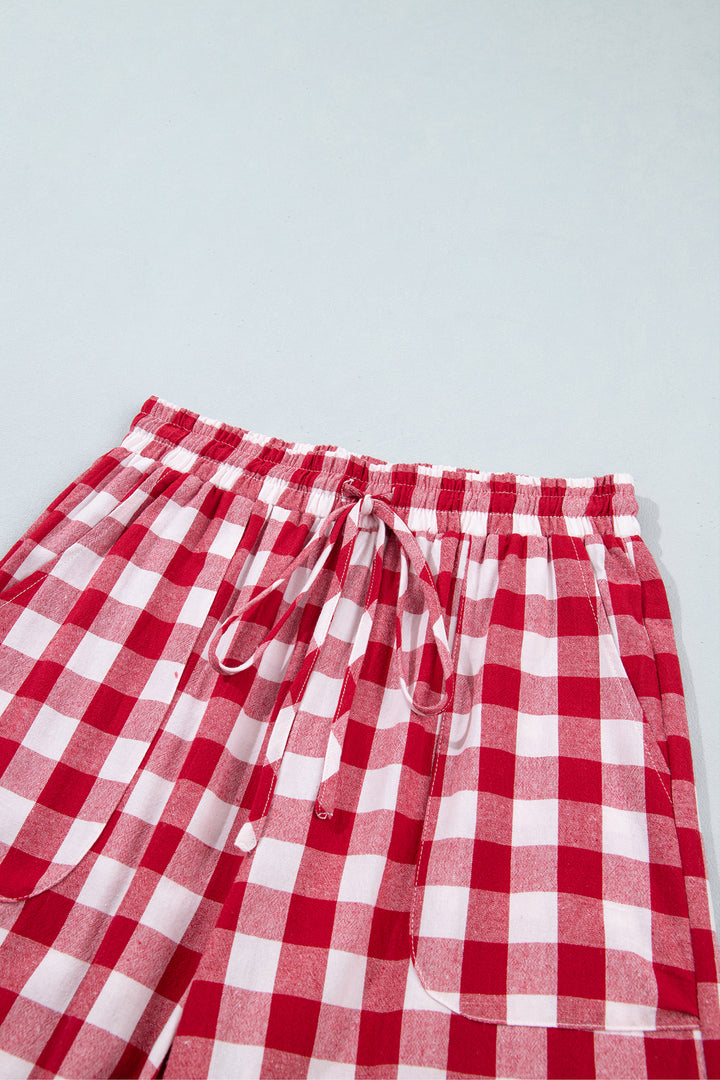 Red Gingham Plaid Tie Elastic Waist Shift Pants