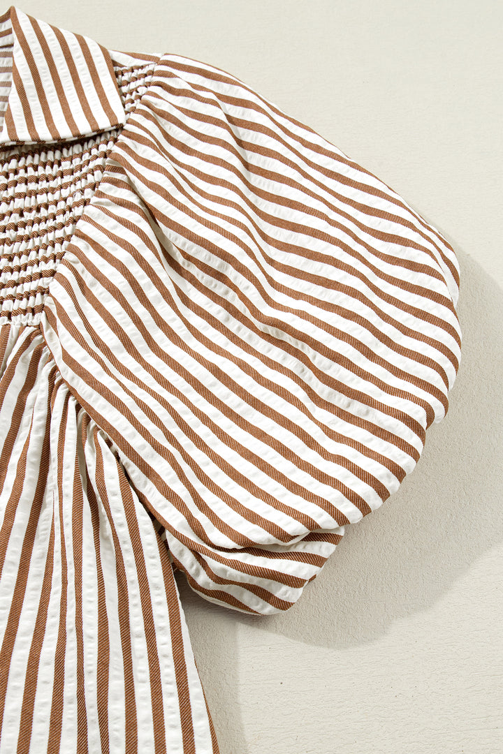 Brown Stripe Shirred V Neck Short Puff Sleeve Blouse