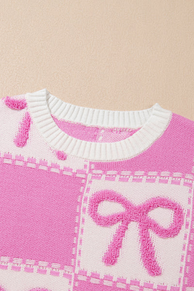 Pink Bow Knot Two Tone Checkered Crew Neck Sweater