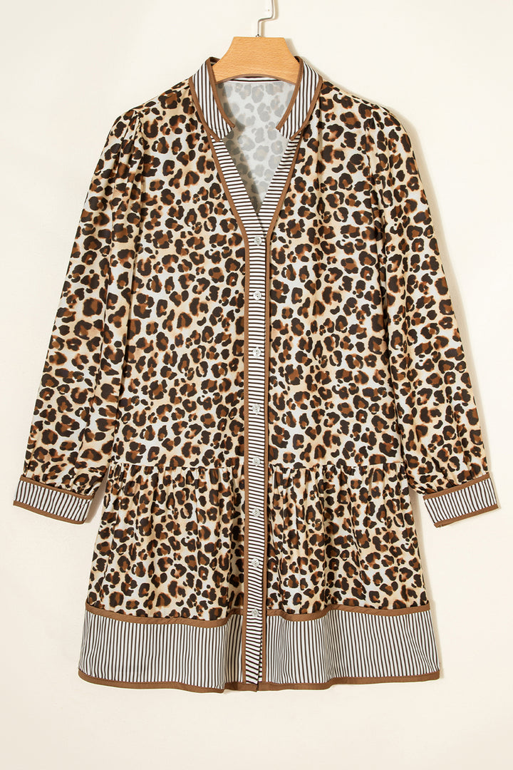 Brown Leopard Print Striped Patchwork 3/4 Sleeve Loose Mini Dress