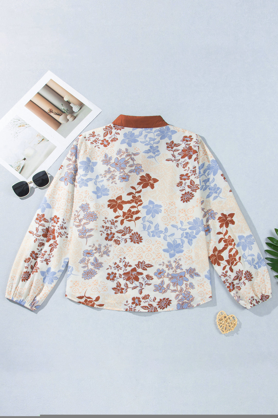 White Plus Size Floral Print Contrast Collar V Neck Long Sleeve Blouse