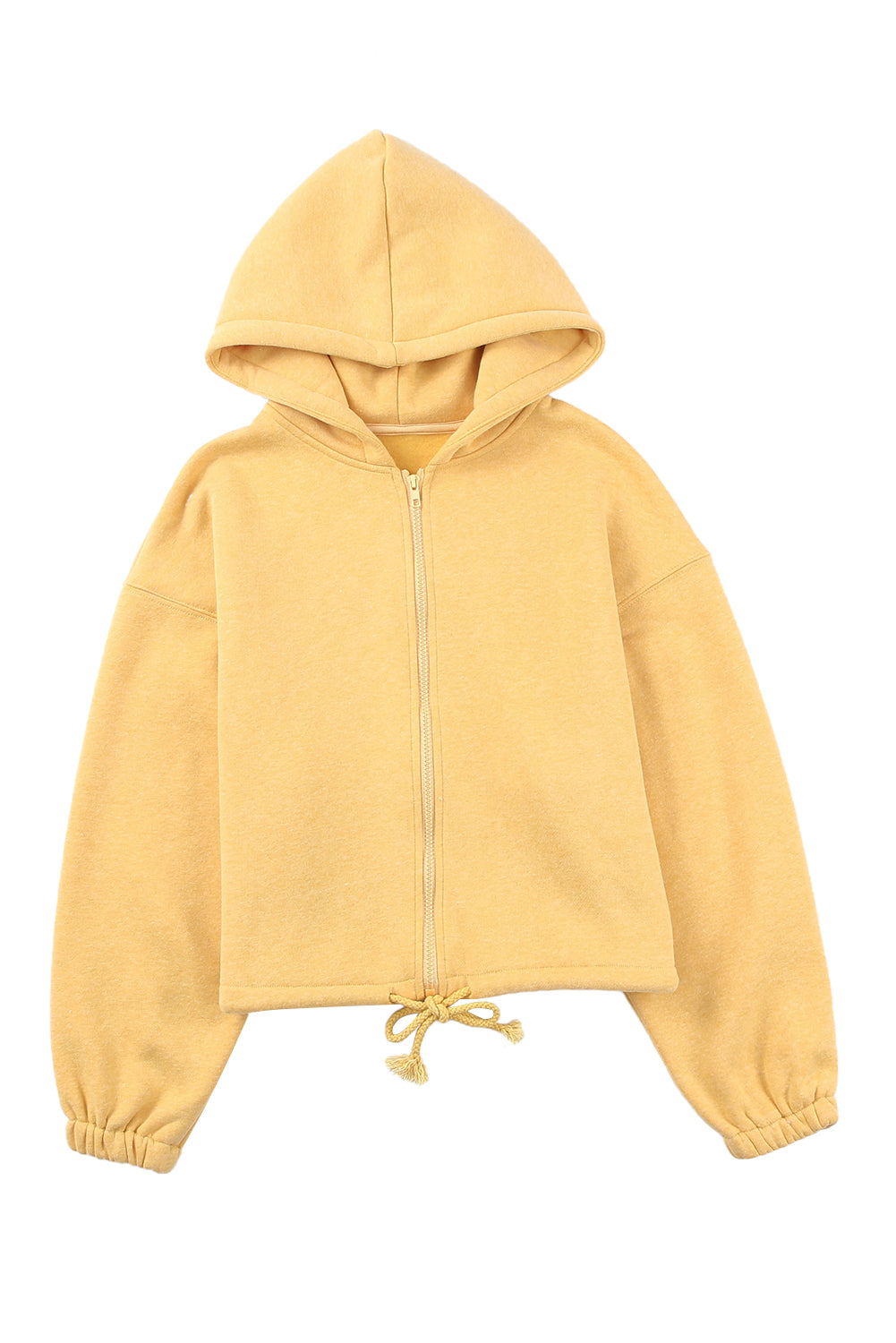 Yellow Zip Closure Drawstring Cinched Cropped Hoodie