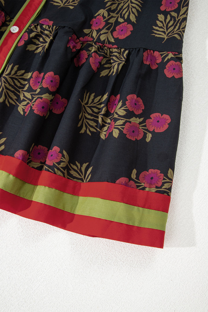 Black Retro Floral Print Button Down Belted Short Puff Sleeve Mini Dress