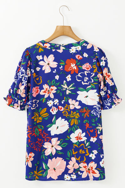 Blue Floral Printed Split V Neck Puff Sleeve Blouse