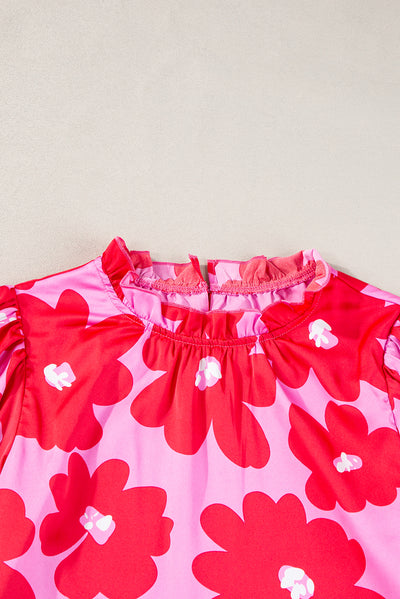 Rose Floral Puff Sleeve Frill Neckline Blouse