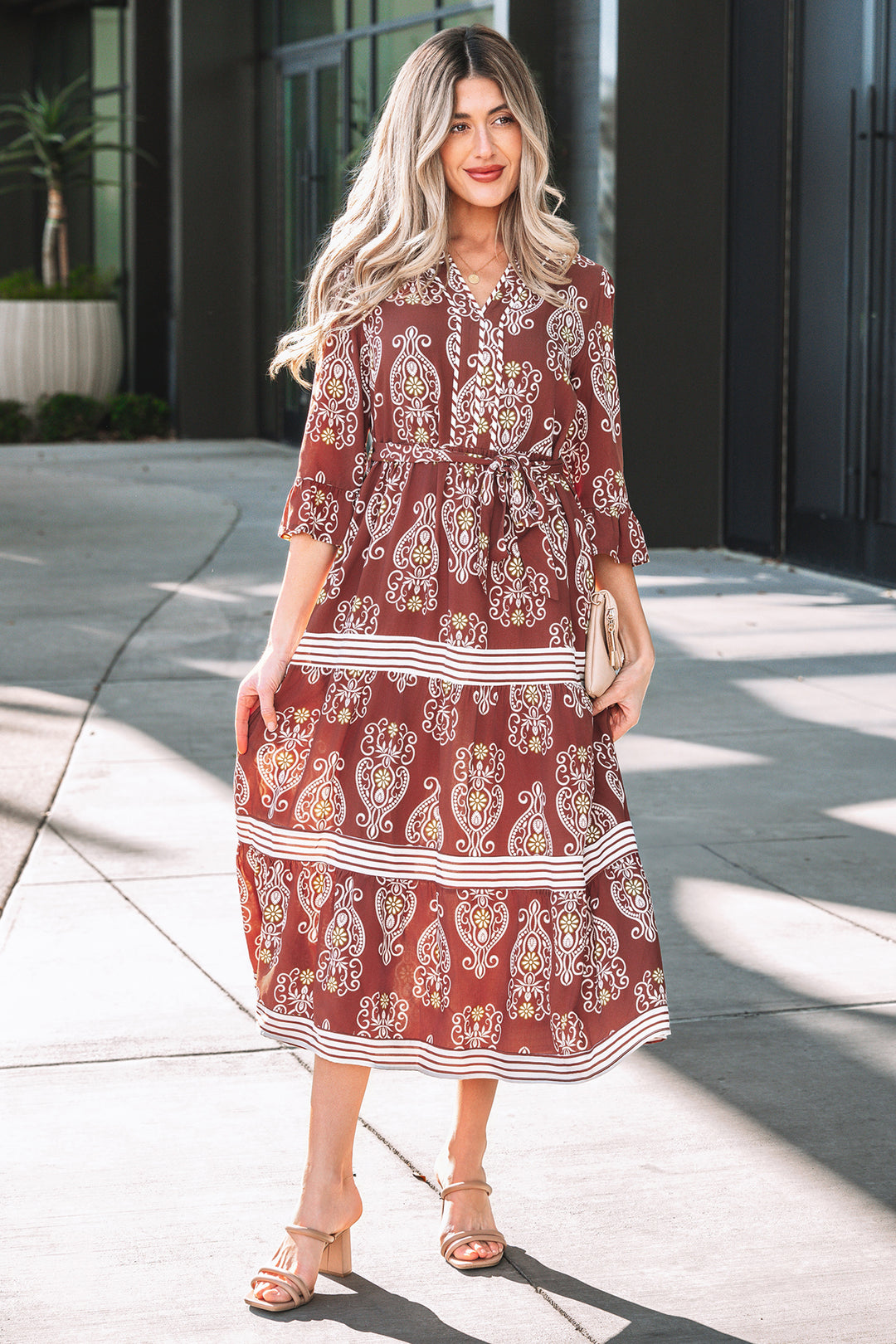 Brown Floral Print Belted Striped Trim Tiered Maxi Dress