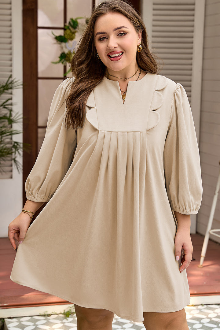Parchment Notched Neck Scallop Detail Plus Size Mini Dress