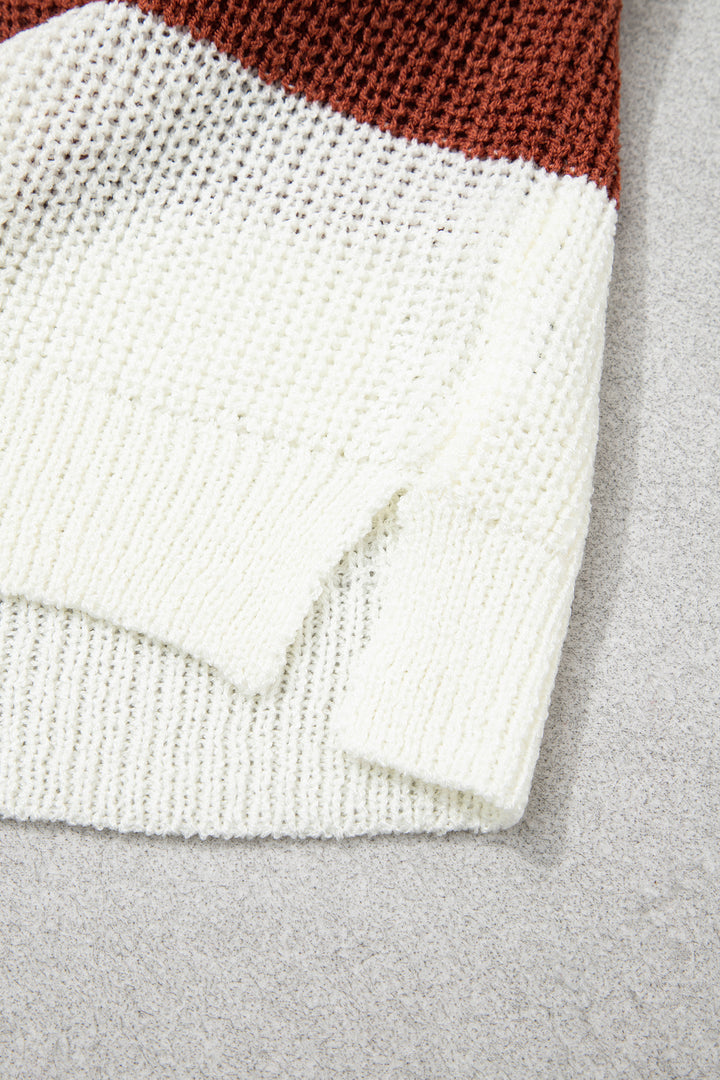 Brown Stripe Striped Colorblock Knit V Neck Short Sleeve Loose Sweater