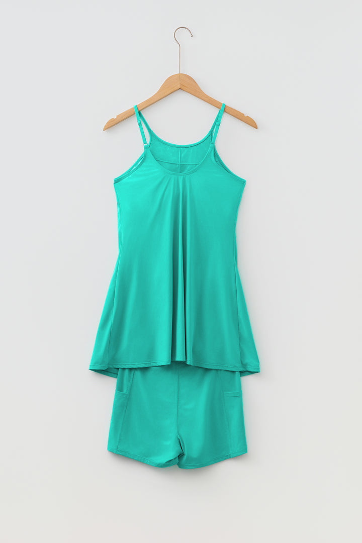 Bright Pink Solid Color Tunic Tank Dress Athletic Shorts Two Piece Set
