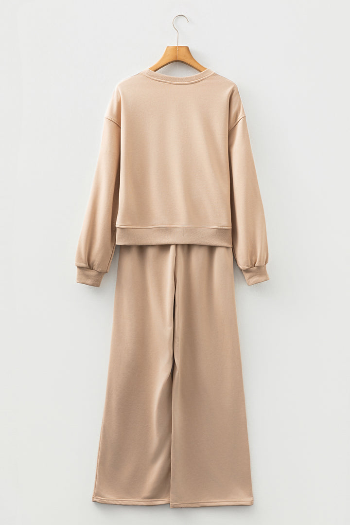 Oatmeal Varsity Striped Detail Crewneck Pullover Elastic Sweatpants 2pcs Outfit