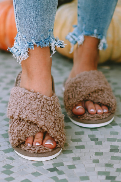 Brown Teddy Fur Cross Straps Home Slippers