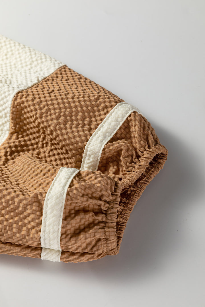 Jet Stream Color Block Patchwork Detail V Neck Textured Long Sleeve Blouse